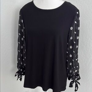 CeCe - Black blouse with crew neck and 3/4 sleeves featuring a tie sleeves